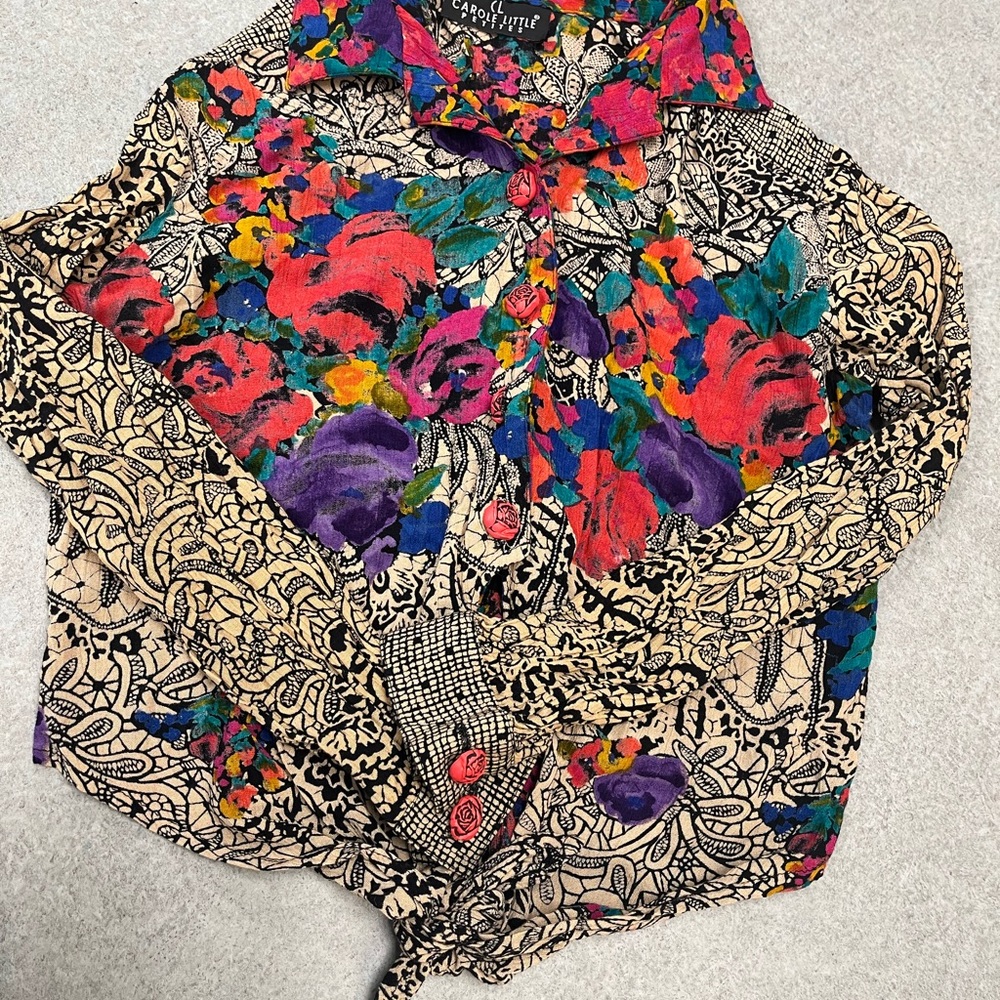 Vintage Carole Little Floral Tie Front Blouse XS/SM - Picture 2 of 6